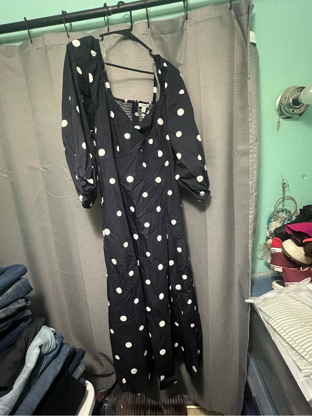 Navy Polka Dot Maxi Dress with Puff Sleeves
